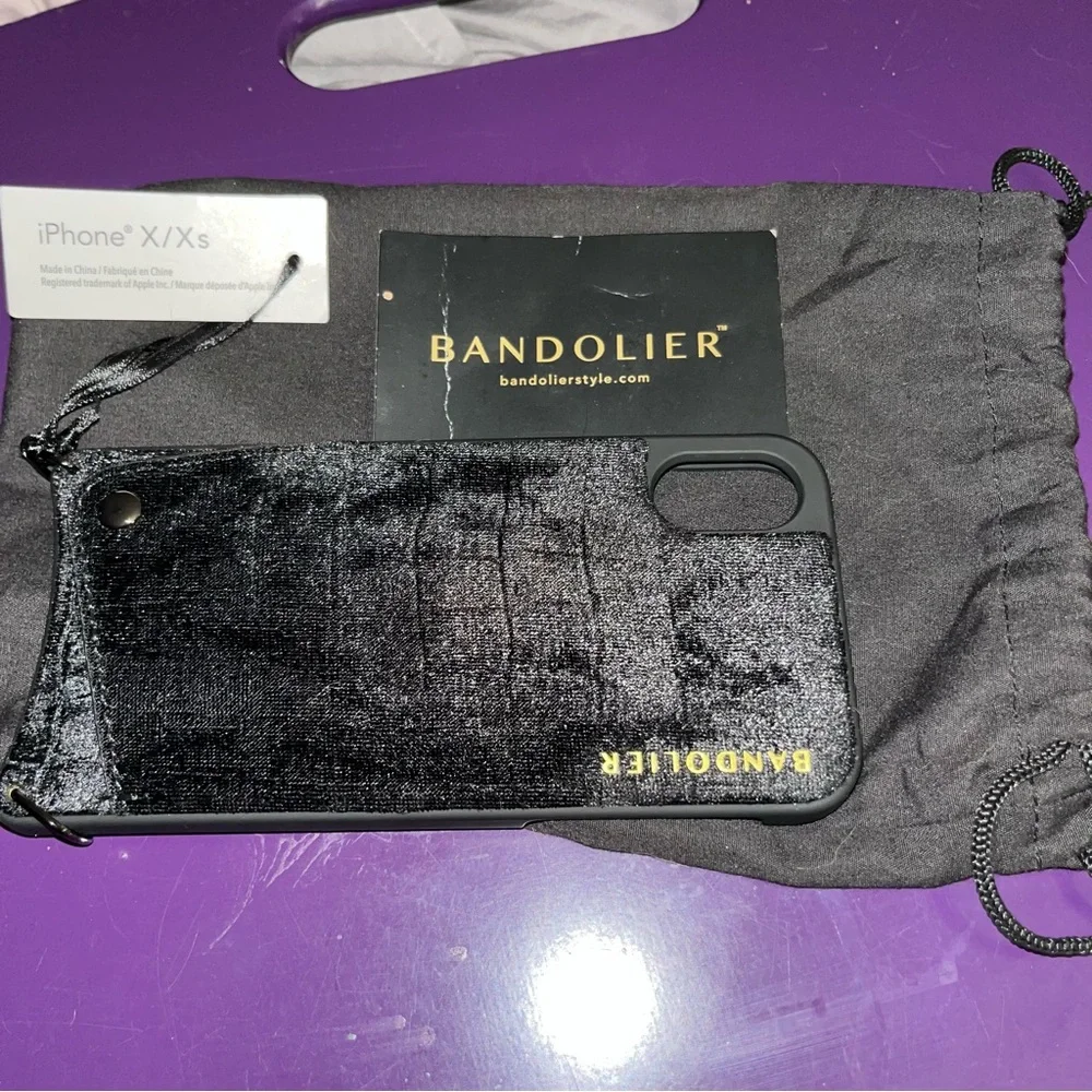 Bandolier black velvet phone case crossbody strap fits IPhone X & XS card slot